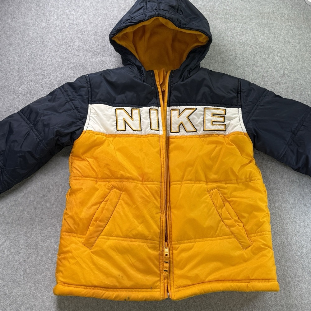Nike Youth Size 6 Puffer Jacket Yellow Navy Hooded Fleece Lined Vintage Style